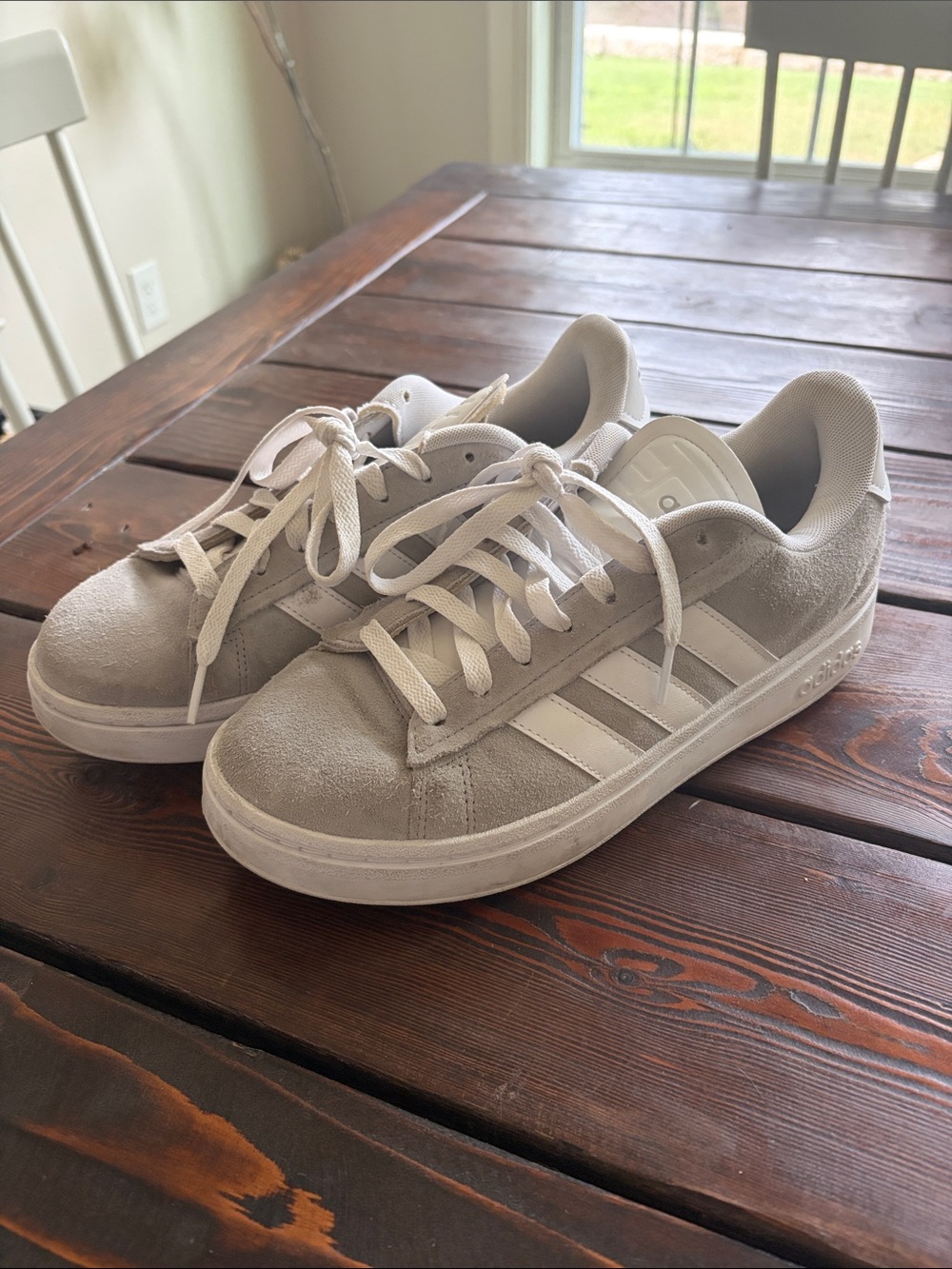 adidas Women’s Light Beige Suede Sneakers with White Stripes